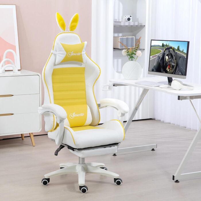 Крісло геймерське Vinsetto Reclining Racing з підголівником та підтримкою попереку, PU шкіра, комп'ютерне, з підніжкою та регульованими вушками, жовте