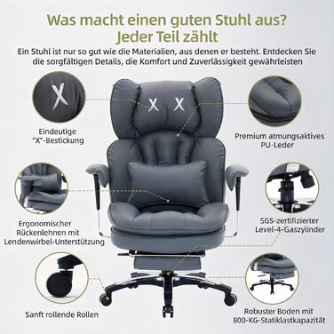 Офісне крісло Efomao X-Stickerei для дому та офісу, шкіряне (PU) для великих та високих, з регульованою спинкою, підставкою для ніг та підтримкою попереку, чорне, до 200 кг