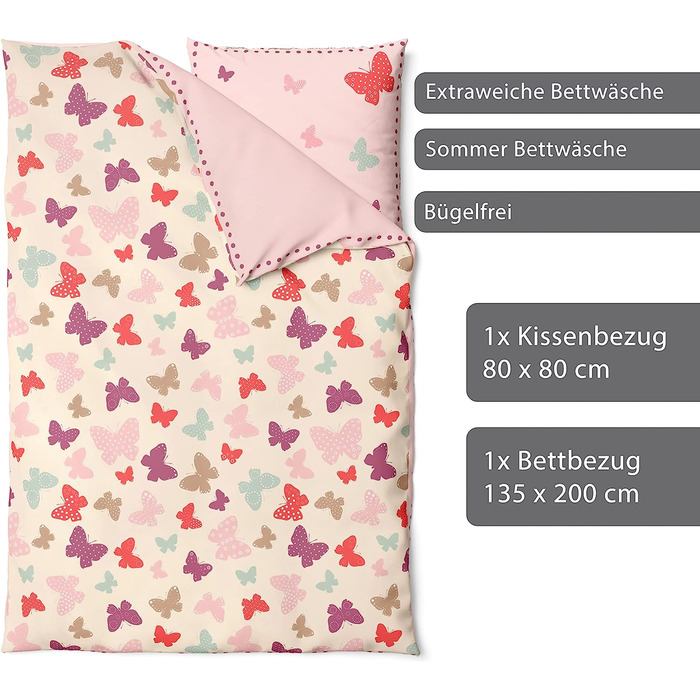 Постільна білизна LINKHOFF з метеликами 135x200 Батерфляй 2 шт. - 100 бавовна-постільна білизна Для дівчаток з метеликами рожевого кольору подушка 80x80