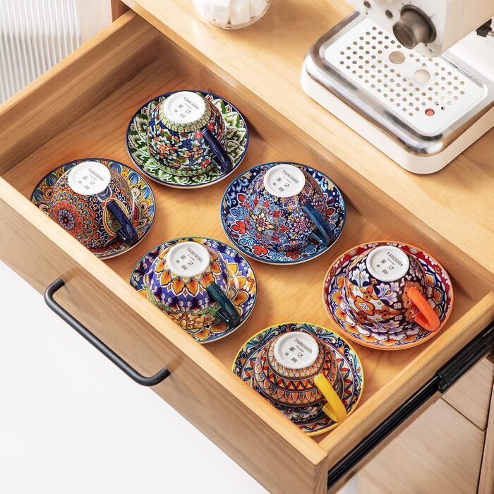 Набір кавових чашок капучіно Vancasso SIMI 6 шт. з блюдцями, 240 мл, порцеляна, для 6 осіб, мікрохвильова піч, богемський стиль