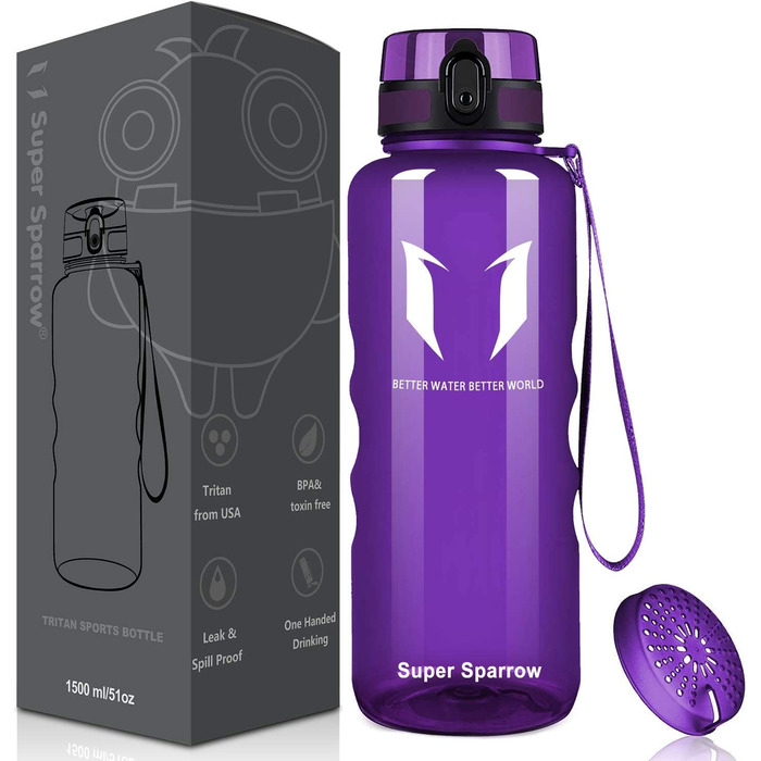 Пляшка для пиття Super Sparrow-герметична пляшка для води об'ємом 1,5 л-спортивна пляшка без бісфенолу А / Школа, спорт, вода, велосипед (2-матова орхідея)