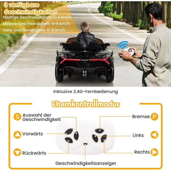 Дитячий електромобіль Lamborghini COSTWAY з пультом, LED фарами, музикою, для дітей від 3 років, чорний