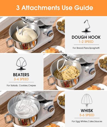 Кухонна машина Facelle 1500W з нержавіючою чашею 6.2 л, 6 швидкостей, міксер для тіста, планетарний міксер