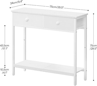 HOOBRO Консольний столик, вузький бічний столик з 2 висувними ящиками з тканини, 75 см, столик для передпокою, журнальний столик для дивану в індустріальному стилі, для передпокою, вітальні, коридору, білий EWW71XG01