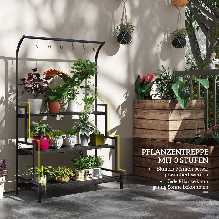 Outsunny Plant Stand Підставка для квітів з 3 ярусами та 6 гачками, сталеві сходи для рослин у чорному кольорі, 110x50x170см для саду та балкона