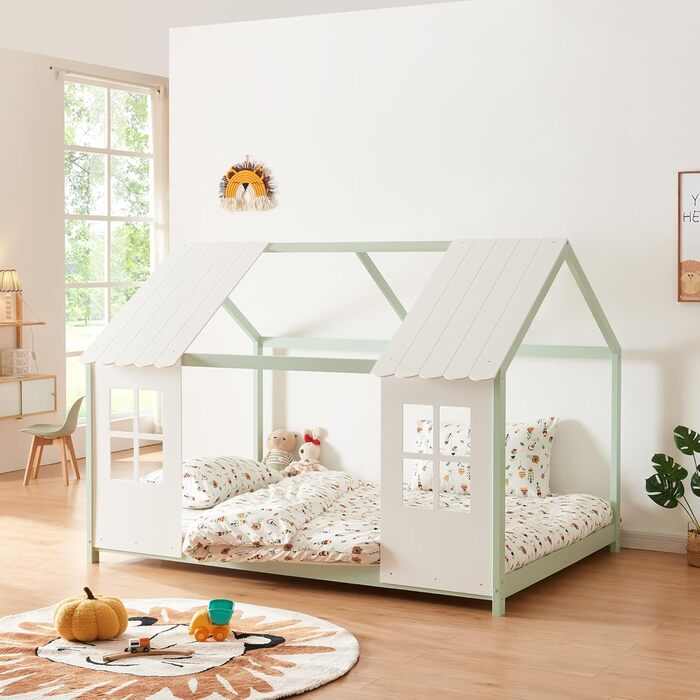 Дитяче ліжко Tostedt: ліжко-будиночок, ліжко для підлітків, ліжко-ігровий будиночок, ліжко з напіввідкритим дизайном Montessori, з масивного дерева (сосна), 120x200 см, рожево-біле