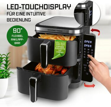 Фритюрниця повітряна Gourmetmaxx FryUp з вертикальною подвійною камерою, 10 літрів (2x5л), сенсорний дисплей