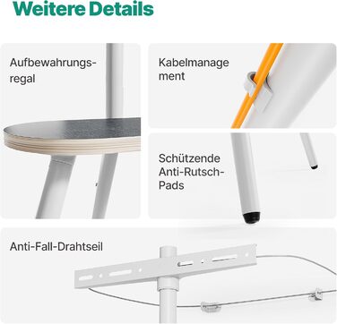 Настінна кріплення для телевізора 43-65 дюймів (LCD, LED, OLED) до 35 кг, регульована висота та поворотна, дерев'яна стійка з дерев'яним підносом, VESA 400x400 мм (білий глянц)