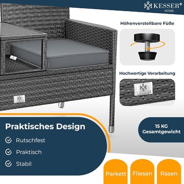 Садовий диван KESSER® з ротангу на 2 особи з вбудованим столиком, 143×63×88 см - стійкий до погодних умов, комплект з подушками та чохлами, антрацит