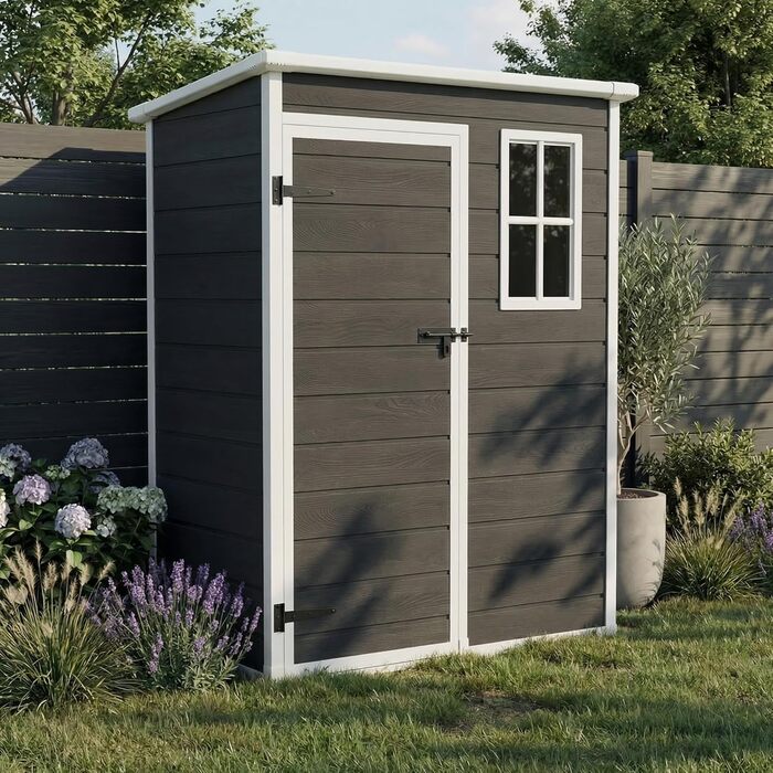 Сарай садовий STEELSØN Novara 192x92x151 см - пластиковий, з вікном, під дерево, дах похилий, темно-сірий, вологостійкий