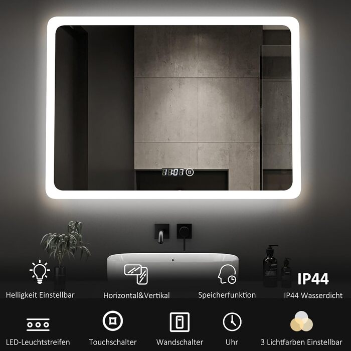 Дзеркало для ванної кімнати з підсвічуванням та годинником Boromal, 80x60 см, диммування, 3 кольори світла (3000-6500K), 2940LM