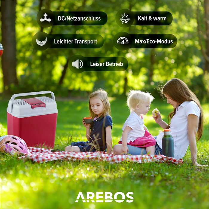 Кулер Arebos 20 літрів для охолодження та збереження тепла Міні-холодильник Термоелектричний охолоджувач з режимом ECO 12/230 В для автомобіля та розетки електричний кулер (Червоний)
