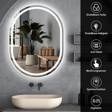 Дзеркало для ванної кімнати YOURLITE з підсвічуванням, кругле, 60 см, LED, 3 кольори, диммування, сенсорне управління, антизапар, пам'ять, IP44, овальне