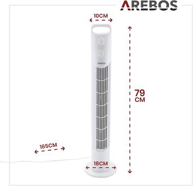 Баштовий вентилятор Arebos з таймером 40 Вт Коливання 75 Вентилятор з 3 режимами швидкості Білий