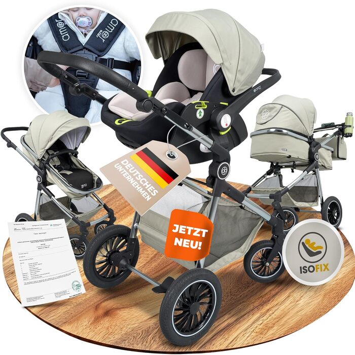 Дитяча коляска 3 в 1 AMOR BABY Primus - світло-оливковий, з автокріслом та люлькою | Безпечна коляска з Isofix та 5-точковим ременем