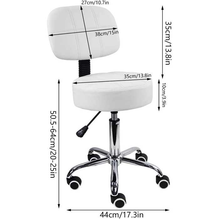 Стілець на коліщатках Kkton робочий стілець з регульованою по висоті спинкою зі штучної шкіри 50-64 см (білий)