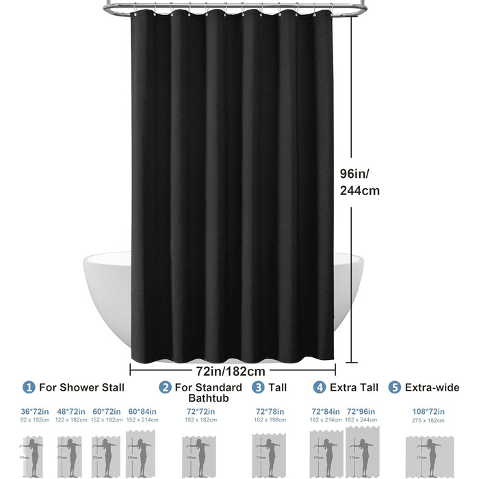 Шторка для душу з льону з металевими кільцями, сіра, 182 x 214 см