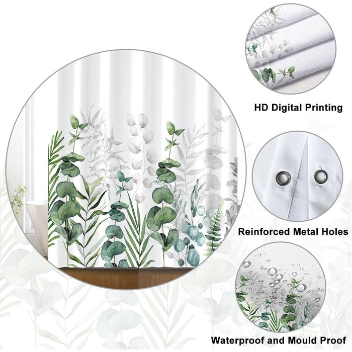 Штора для душу 180x220 см, антигрибкова, з тропічним дизайном (зелені пальмові листя, евкаліпт, гриби), водонепроникна, поліестер, для ванної кімнати, з 12 гачками