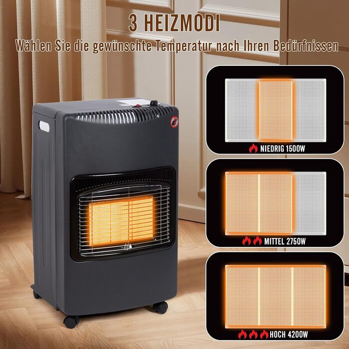 Газовий обігрівач Todeco 4200W з керамічним нагрівачем, чорний колір, 3 режими нагріву, з регулятором тиску, шлангом, для балконів та добре провітрюваних приміщень