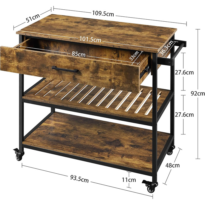 Кухонний візок Yaheetech з ящиком, 2 полиці, 4 колеса, 109,5x592 см, вінтажний коричневий