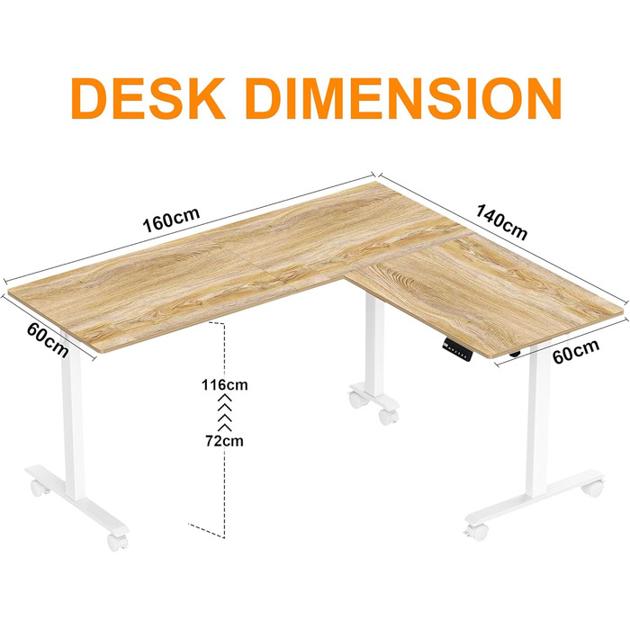 Електричний кутовий стіл BEXEVUE з регулюванням висоти 160x140 см, 3 режими пам'яті, антиколізійна технологія, ліворуч/праворуч, ергономічний комп'ютерний стіл, матеріал: акорн