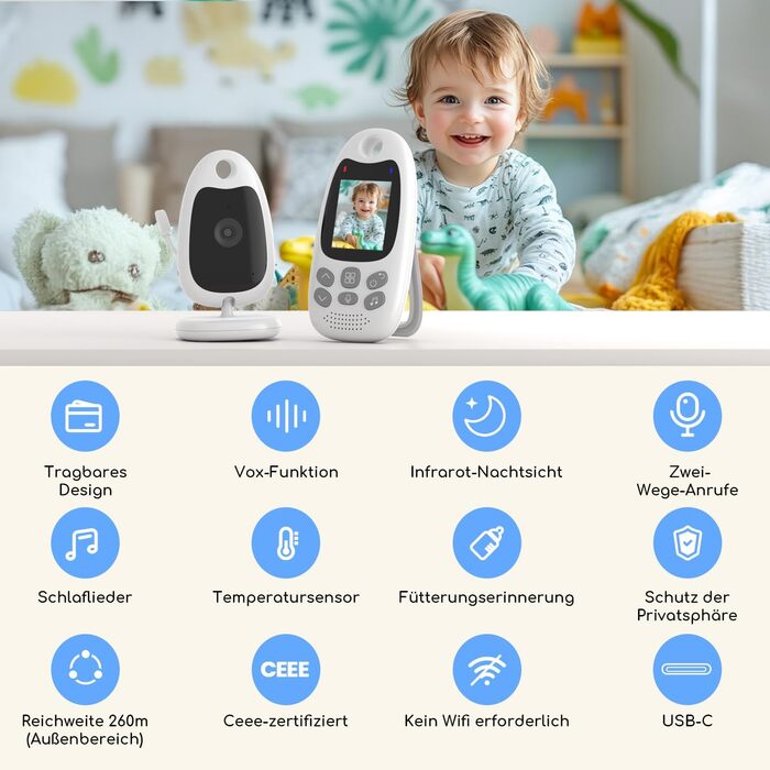 Радіоняня BOIFUN з камерою, відео, нічним баченням, датчиком температури та двостороннім зв'язком - перезаряджувана