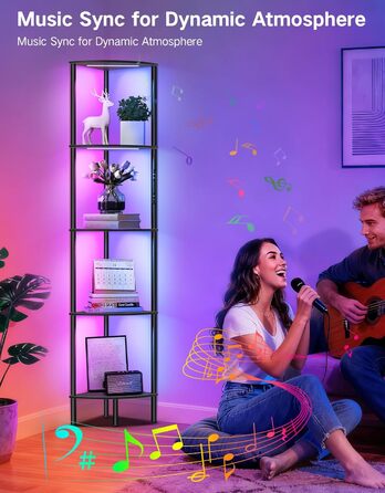 LED торшер з полицею, 3 режими світла, димування сенсором та пультом, кутова полиця з 5 рівнями, вузька книжкова шафа для вітальні, спальні, офісу (Чорний з RGB)