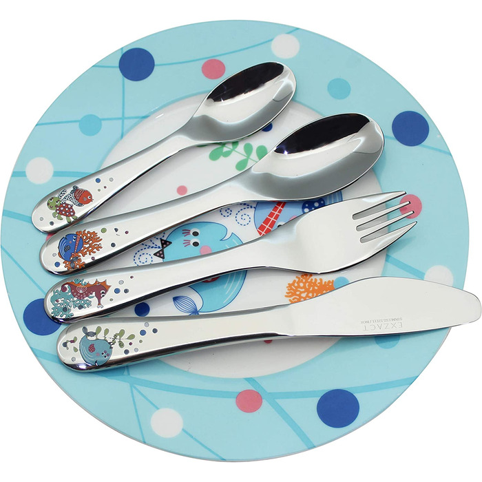 Набір дитячого посуду Exzact з нержавіючої сталі (6 шт.) - миска, тарілка, ніж, виделка, ложка для чаю, столова ложка - подарункова коробка