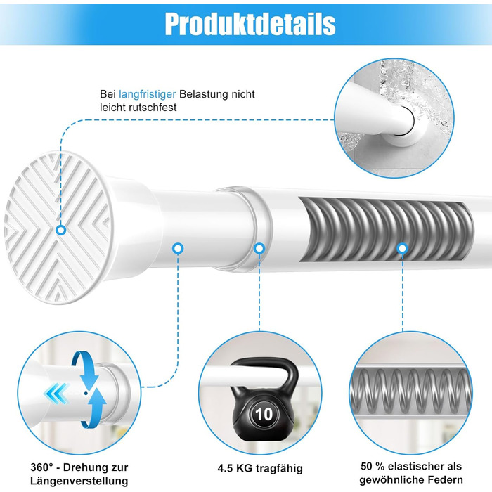 Штанга для карниза без свердління 76-200 см, телескопічна, для душу, одягу, вікна, кухні, шафи (біла)
