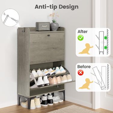 Взуттєва шафа Dripex, вузька, з 2 висувними ящиками-кипперами, металеві ніжки, для прихожей, вітальні, 80x24x100 см, білий (60 см, сірий)