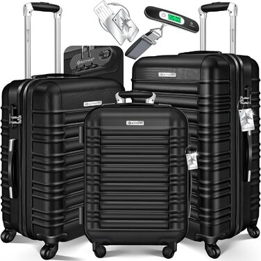 Набір валіз KESSER® 3шт з ABS-пластику: велика, середня, маленька. Валіза-тележка з замком, коліщата 4 шт., ваги в комплекті. Чорний колір.