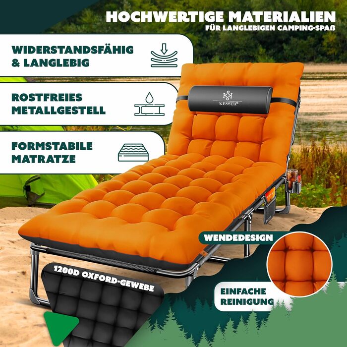 Розкладне кемпінгове ліжко KESSER з преміум-матрацом та подушкою, 190x68x30 см, до 250 кг, з кишенею та підстаканником, чорно-помаранчеве