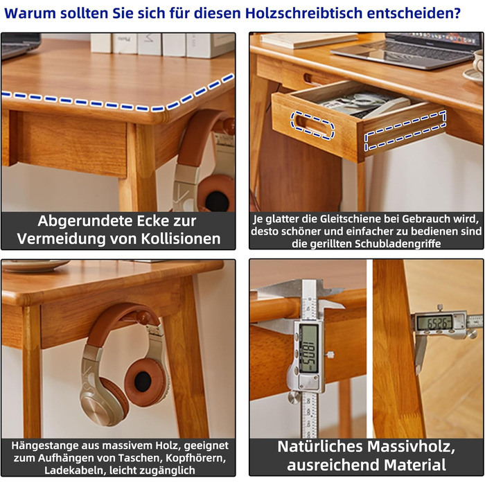 Дерев'яний письмовий стіл з шухлядою та вішалкою, 100 x 50 x 75 см, Колір вишневого дерева, YD-WD01N