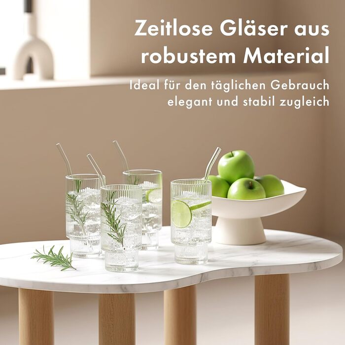 Набір склянок для коктейлів 4 шт. 300 мл рифлені - Gin, Longdrink, Matcha - склянки з трубочками