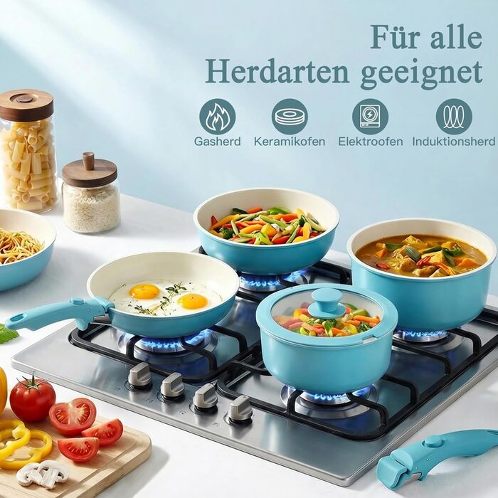 Набір посуду GiPP з знімними ручками, антипригарне покриття, 5 предметів (блакитний градієнт)