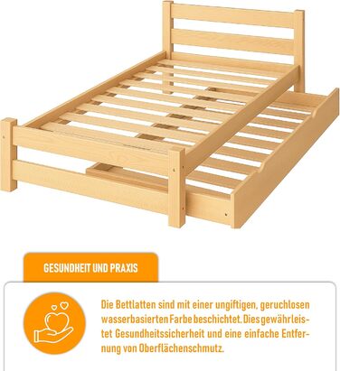 Ліжко дитяче Вробель Kinderbett 90x200 см з 2 ящиками та ламелями - односпальне ліжко з масиву сосни - ліжко Монтессорі для дітей - ліжко-ліжко для підлітків білого кольору - без матрацу