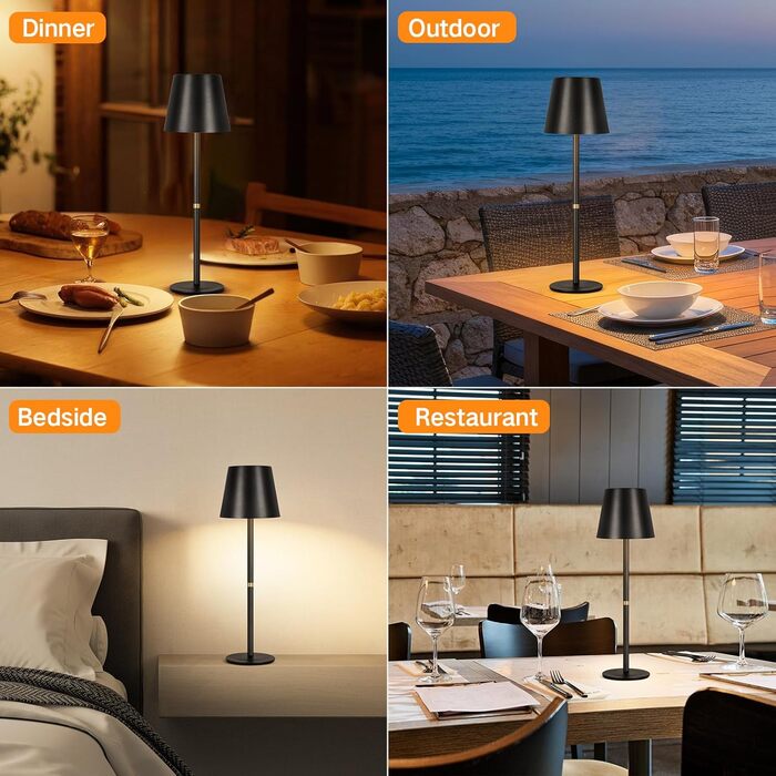 LED-лампа настільна OUTON 2 шт. бездротова з LED-індикатором, сенсорне керування, 3 колірні температури, USB-C зарядка, IP54 водостійкість, 30 годин роботи – для дому та на подарунок, чорний