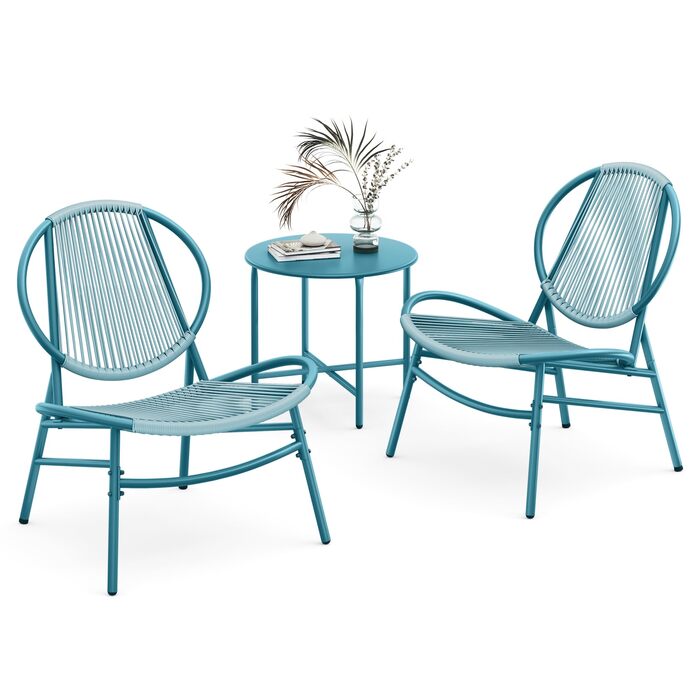 Набір садових меблів SONGMICS з ротангу (3 предмети): стіл та 2 крісла для тераси, саду, балкону, блакитний