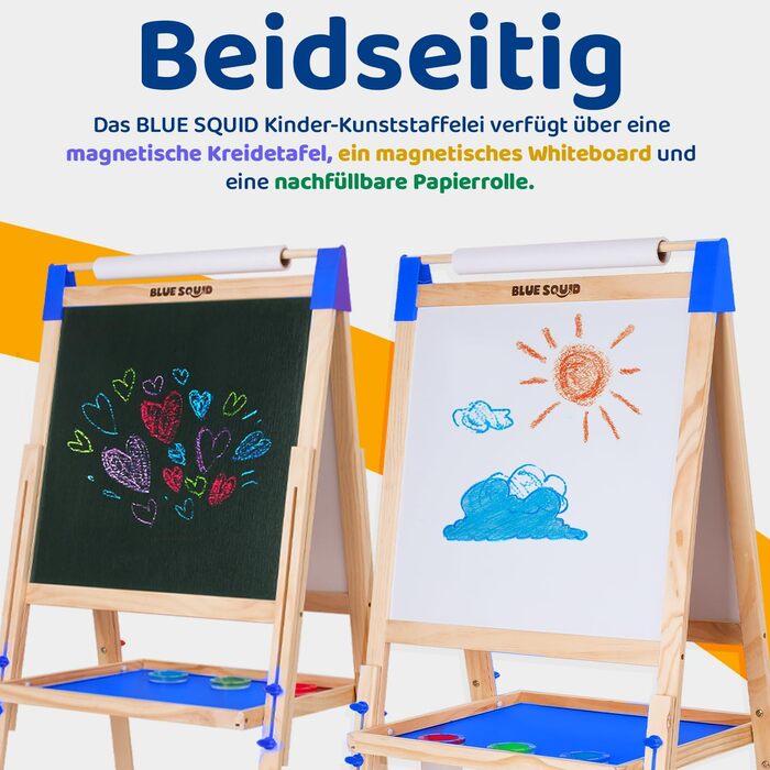 Дитяча мольберт Blue Squid Kinder Staffelei - регульована висота, двосторонній, з крейдяною та магнітною дошками, рулон паперу, 100+ аксесуарів, для дітей 3-12 років, преміум-якість 2025