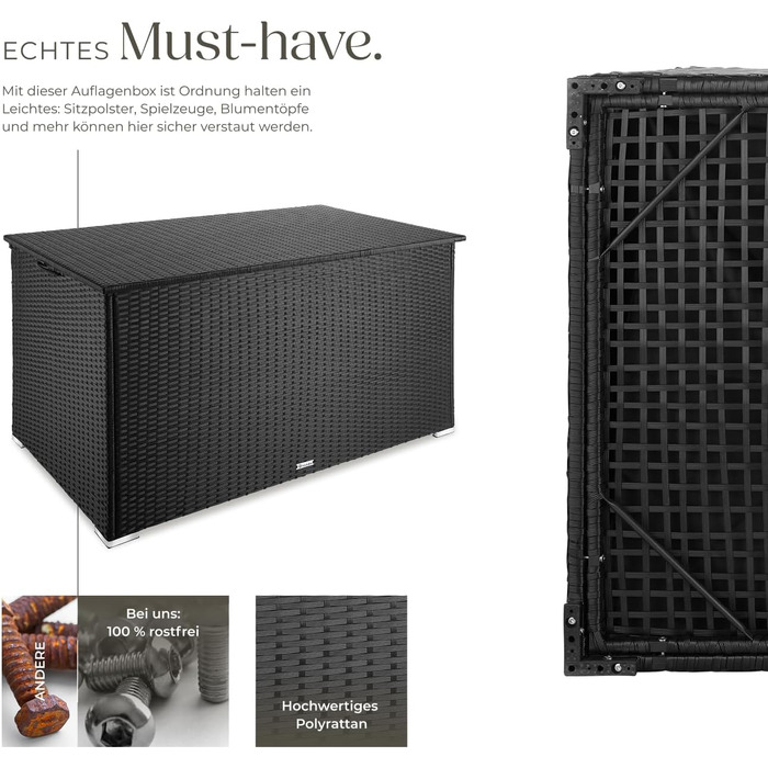 Скриня для зберігання садових речей Tectake з алюмінію та ротангу, 750л, чорна - водонепроникна, з газовими амортизаторами, стійка до УФ-випромінювання та іржі (145x82,5x79,5 см)