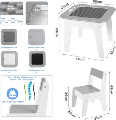 Дитячий стіл MAMIZO з 2 стільцями - дитяча меблева група, стіл і стільці для дитячої кімнати, сірий