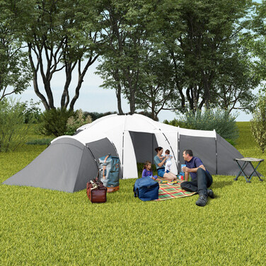 Кемпінговий намет Outsunny Tunnel Tent на 6-9 осіб з 3 спальнями, вітальнею та верандою, водяний стовп 2000 мм, сірий