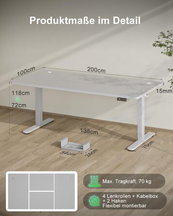 Електричний стіл Devoko 200x80 см з USB-C, білий. Регулювання висоти, комп'ютерний стіл з органайзером для кабелів