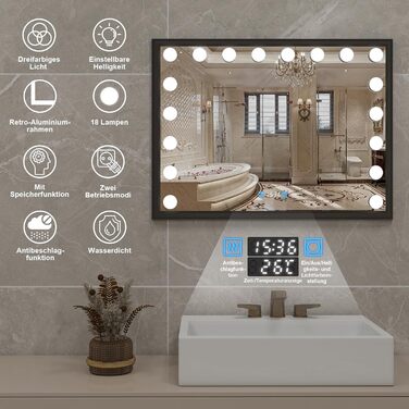 Дзеркало для ванної кімнати YOURLITE з LED-підсвічуванням 100x60 см, сенсорне управління, годинник, антизапотівання, 3 кольори світла, регулювання яскравості, функція пам'яті, білий/чорний