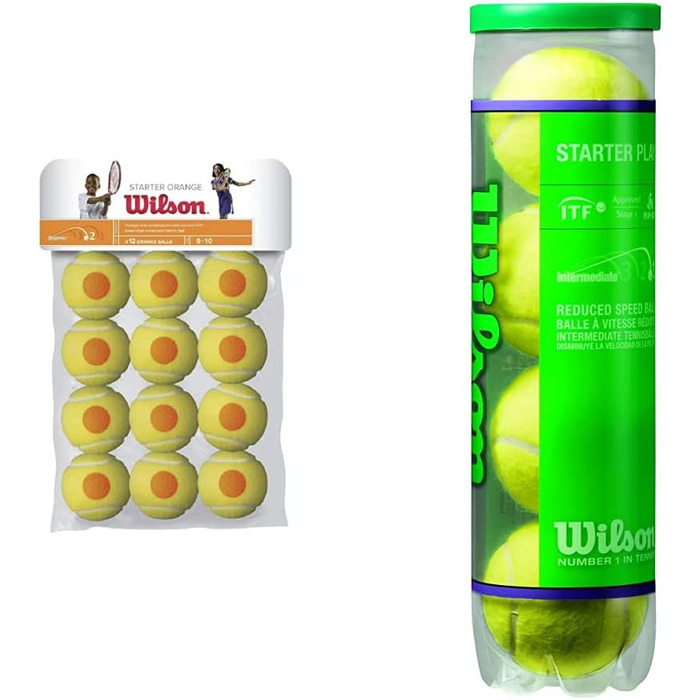 Тенісні м'ячі Wilson Starter Помаранчевий для дітей, жовтий/помаранчевий, упаковка з 12 шт. , WRT137200 та тенісні м'ячі Starter Play Green для дітей та підлітків, жовтий, коробка з 4 шт. , WRT137400