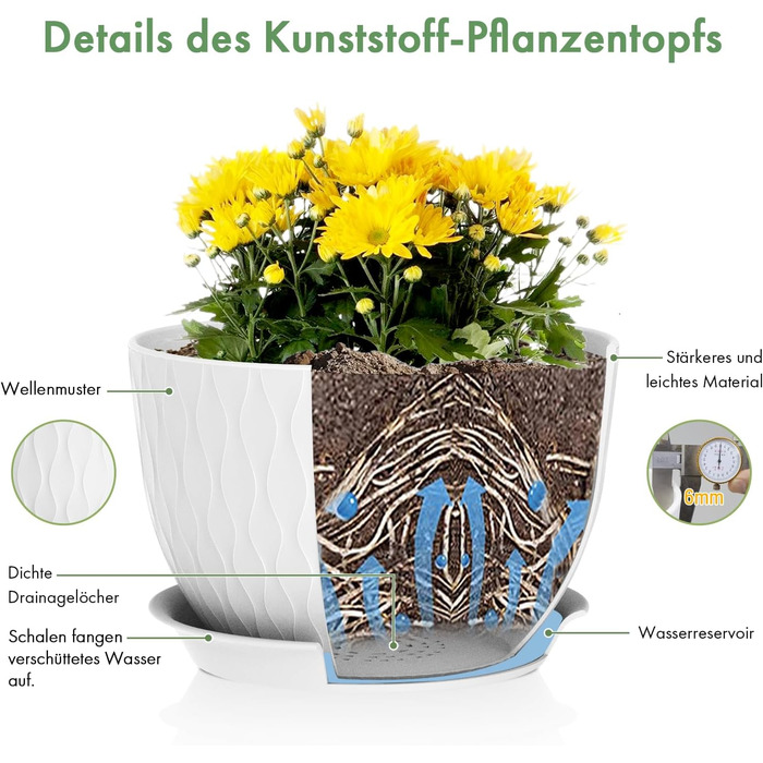 Набір горщиків для квітів з системою поливу (3 шт.) 30/25/22 см, білі