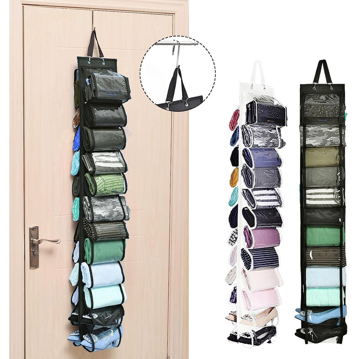 Сумки для зберігання AARAINBOW, які можна повісити на двері, з льону та бавовни, 9 сумок, органайзер для спальні та ванної кімнати (9 сумок) (чорно-білий, 24 кишені)