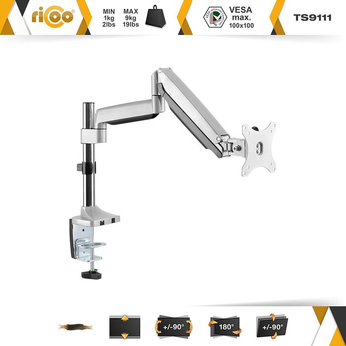 Тримач для монітора RICOO TS3011: кріплення для 13-34 дюймових моніторів VESA 75x75/100x100, газ-амортизатор, регулювання висоти, настільний кріплення