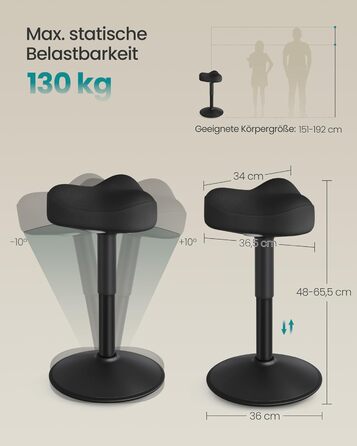 SONGMICS Стілець-табурет для стоячи, регульований по висоті, 48-65.5 см, чорний, OSC018BH01. Активний стул для офісу та дому.