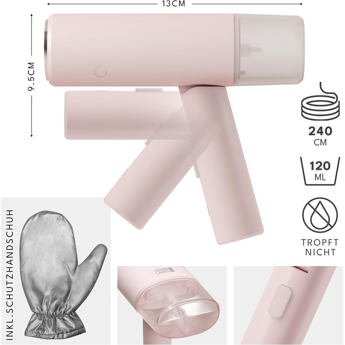Відпарювач LIFELONG Steamer Travel - Компактний складаний комплект, в т.ч. дорожній набір, 900 Вт, 120 мл, рожевий